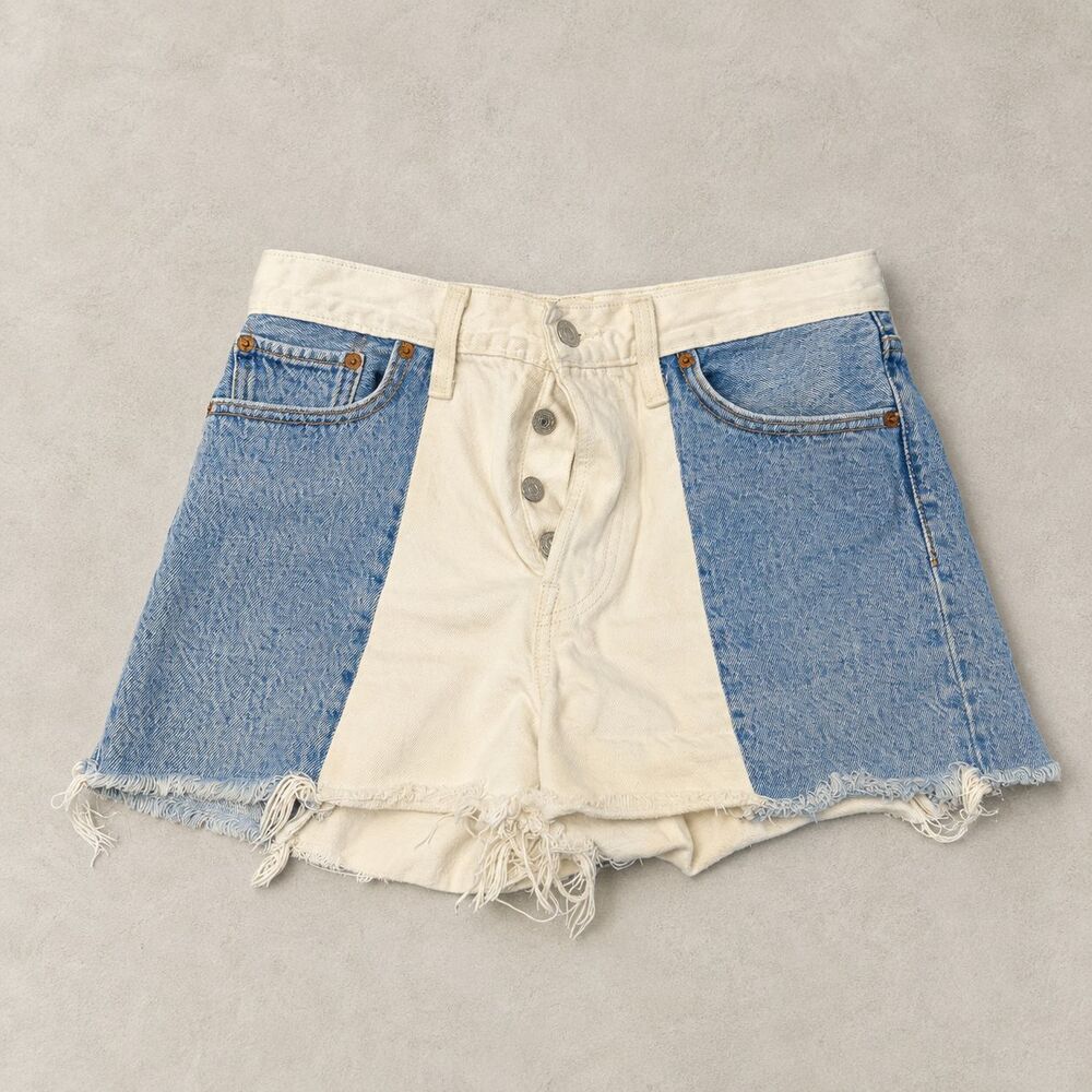 Levi's Premium Wedgie Short Women's 27 Blue White Colorblock Raw Hem Denim